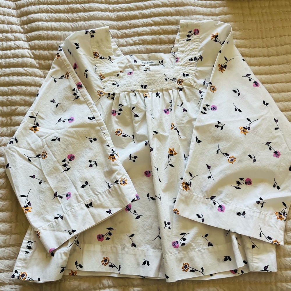 Madewell for JCrew Floral Blouse in White with Pink and Orange Accents boho